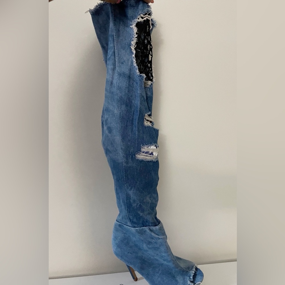 Blue Denim Knee High Peep Toe Boots Party Club Streetwear Festival - Picture 3 of 14